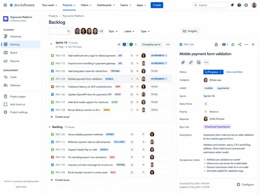 Jira Scrum backlog and active sprint board view showing issue types, sprint tasks, backlog items, and issue details for a software development project.