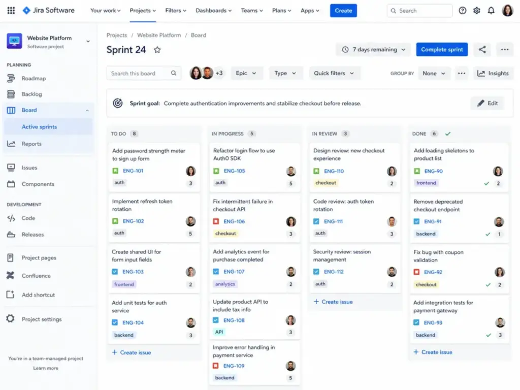 Jira Scrum board showing sprint backlog issue types story points and sprint goal
