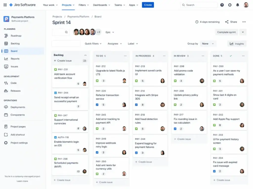 Jira Scrum board showing sprint backlog, active sprint columns, issue cards, and story point estimates