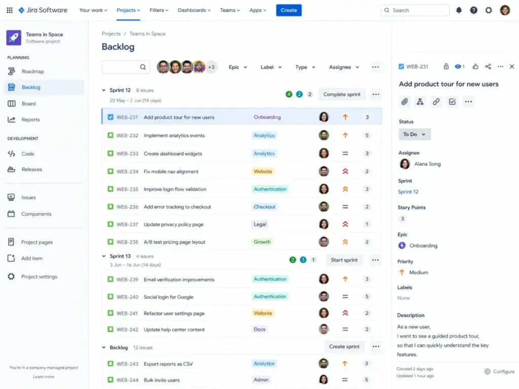 Jira Software backlog view showing user stories, story points, sprint planning, and issue detail panel