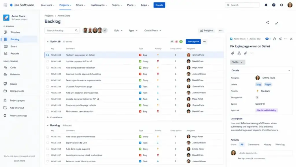 Jira sprint backlog board view showing issue types, story points, priority, assignee columns, and selected issue details.
