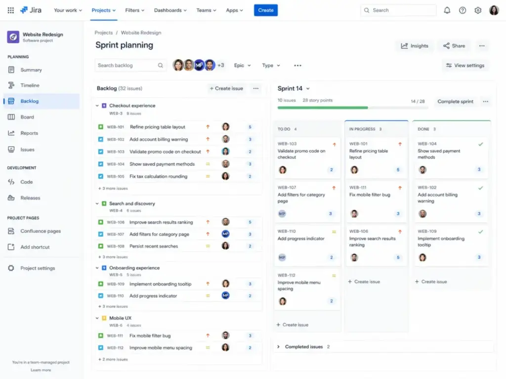 Jira sprint planning board showing backlog issues, active sprint progress, story points, issue cards, and workflow columns