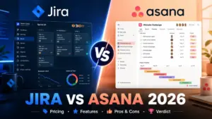 Jira vs Asana 2026 comparison featured image showing pricing, features, pros and cons, and final verdict.