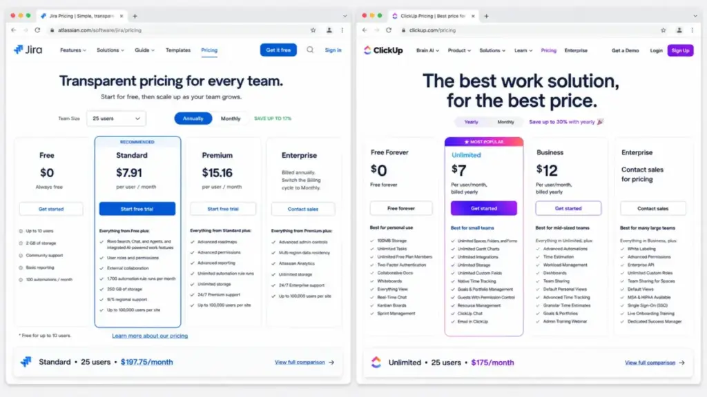 Side-by-side pricing page comparison of Jira Standard and ClickUp Unlimited for 25 users in 2026