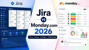 Jira vs Monday.com 2026 comparison showing pricing, features, automation, dashboards, and workflow management tools.