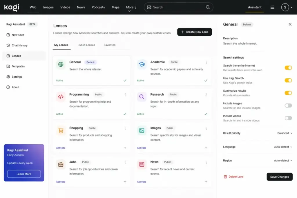 Kagi Assistant interface showing custom search lenses and personalized search controls