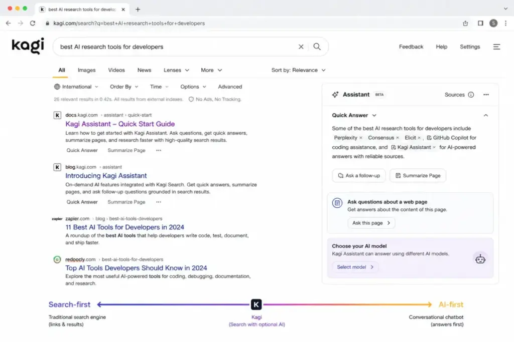 Screenshot-style mockup of Kagi search results showing a search-first interface with optional AI Assistant features and an AI spectrum comparison.