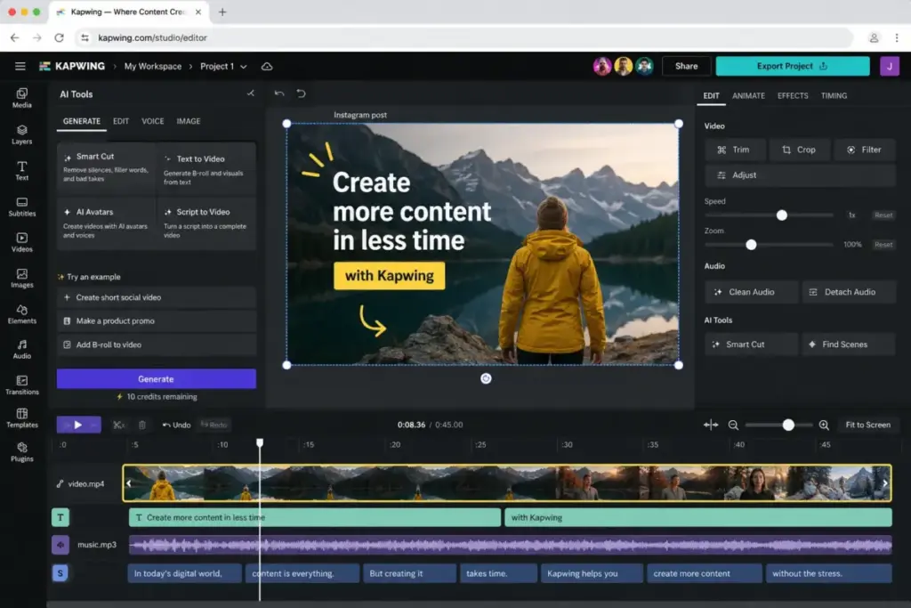 Kapwing AI video editor mockup showing browser-based editing, AI tools, collaborative workspace, video preview, and timeline