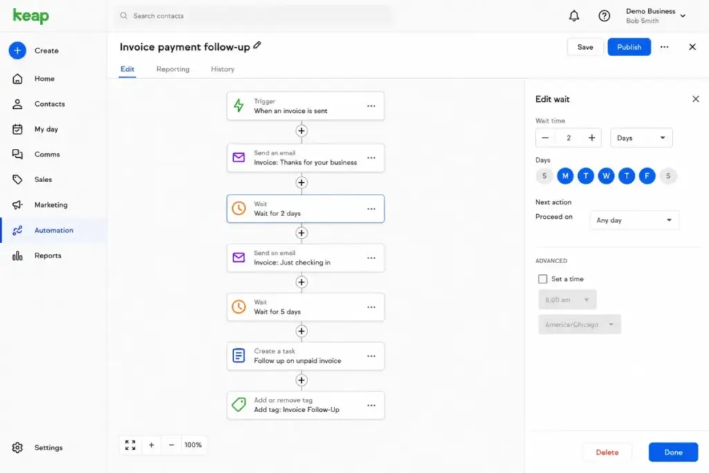 Keap invoice and payment automation workflow showing automated follow-up steps for unpaid invoices and customer reminders.