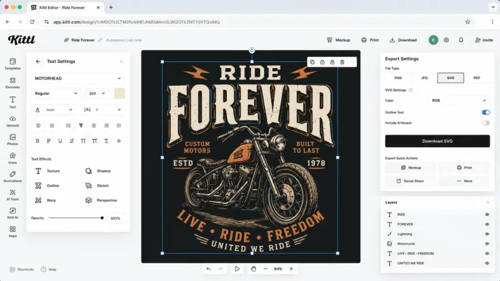 Kittl editor mockup showing typography-focused merchandise design with vector export options