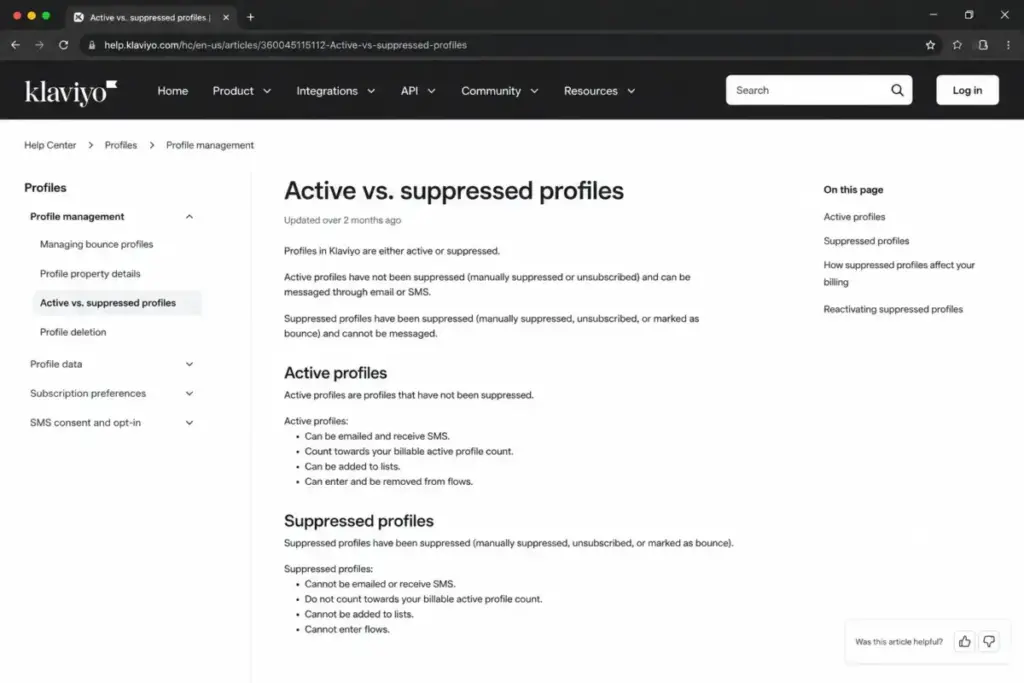 Klaviyo Help Center screenshot-style mockup explaining active profiles versus suppressed profiles.