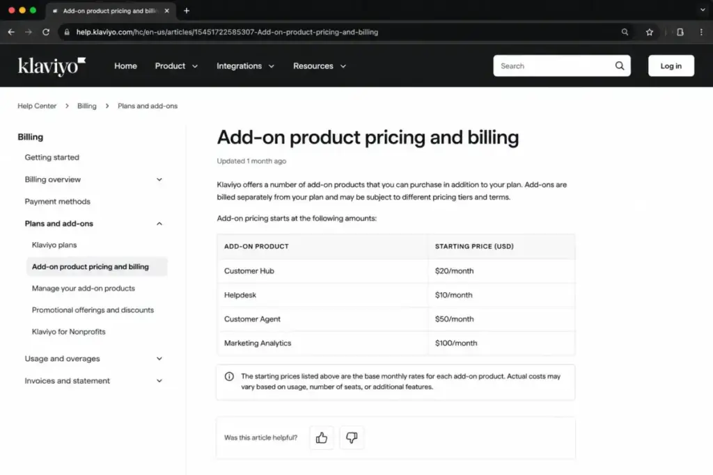 Klaviyo Help Center screenshot-style mockup showing add-on product pricing for Customer Hub, Helpdesk, Customer Agent, and Marketing Analytics.