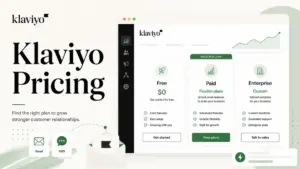 Klaviyo Pricing featured image showing Free, Paid, and Enterprise plan cards with email and SMS pricing elements.