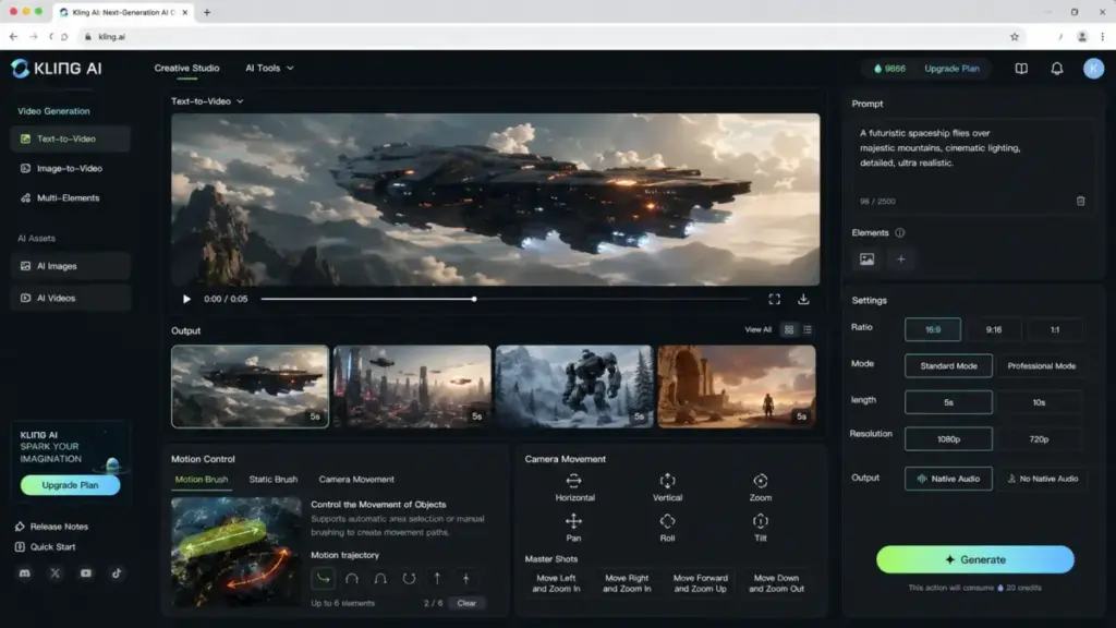 Kling AI interface mockup showing text-to-video generation, motion controls, camera movement settings, and video output options