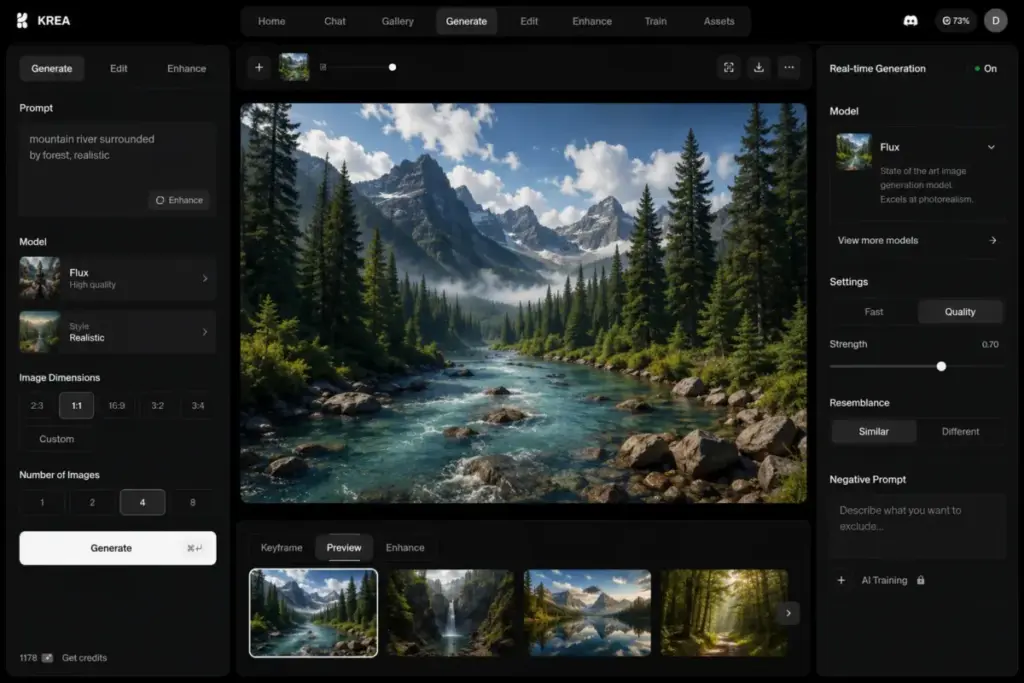 Krea AI real-time generation studio mockup showing live preview canvas, prompt controls, model selector, and image generation settings.