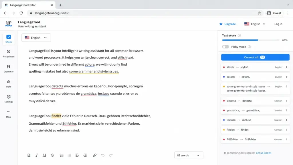 LanguageTool editor showing grammar, spelling, and style corrections across English, Spanish, and German text.