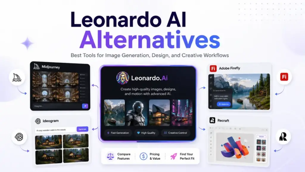 Leonardo AI Alternatives featured image showing AI image generation tools like Midjourney, Adobe Firefly, Ideogram, and Recraft