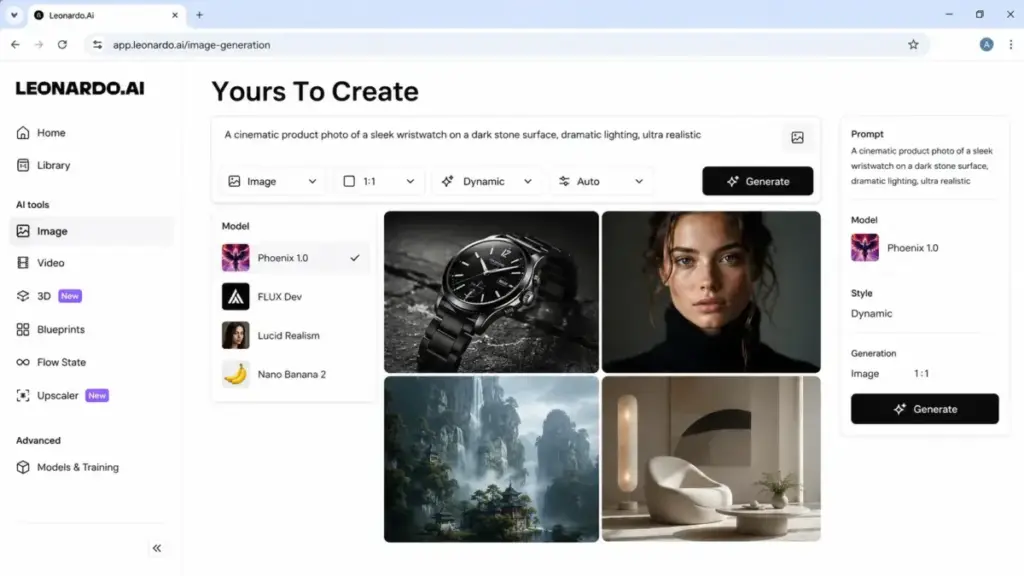 Leonardo.Ai creative workspace mockup showing model selection panel, prompt controls, and AI image generation canvas.