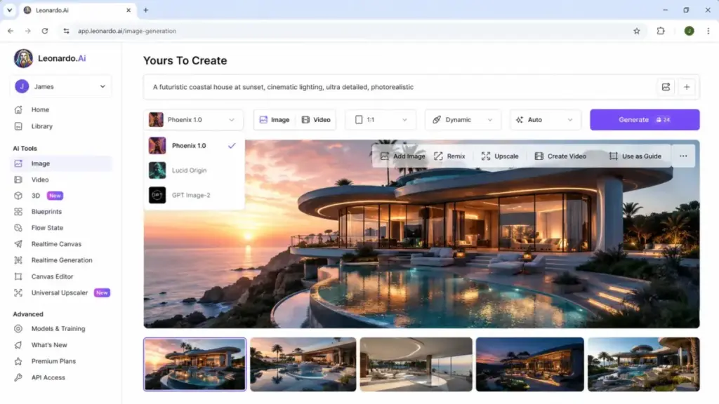 Leonardo.Ai creative workspace showing AI image generation model selection