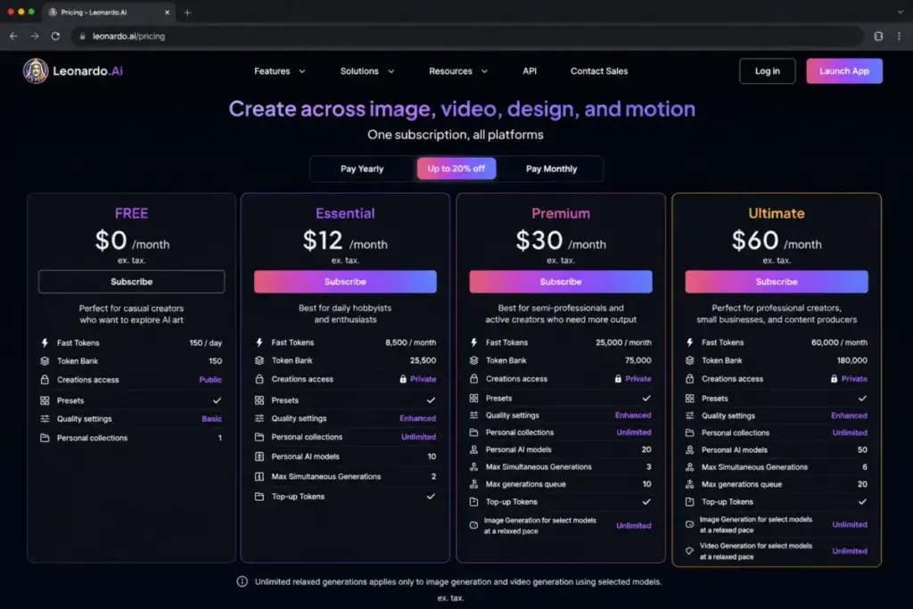 Leonardo.Ai pricing page showing Free, Essential, Premium, and Ultimate plans with private creation access
