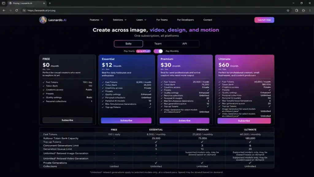 Leonardo AI pricing page mockup showing Free, Essential, Premium, and Ultimate token-based plan tiers