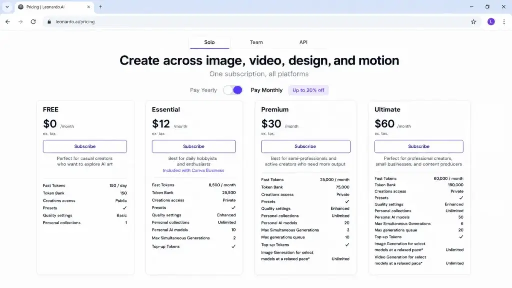 Leonardo AI pricing plans showing Free, Essential, Premium, and Ultimate monthly prices
