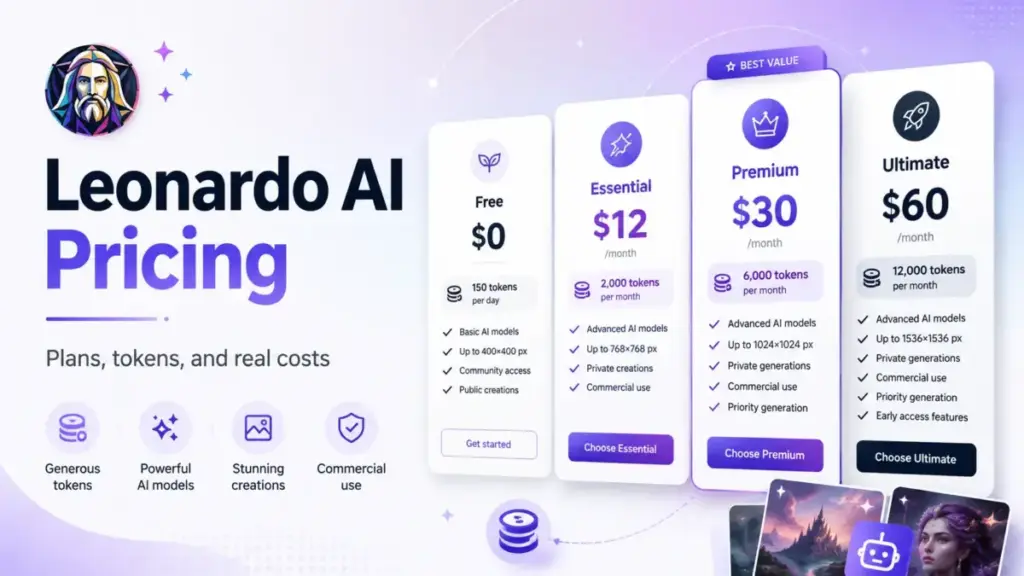 Leonardo AI pricing featured image with Free, Essential, Premium, and Ultimate plans
