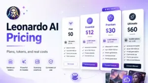 Leonardo AI pricing featured image with Free, Essential, Premium, and Ultimate plans