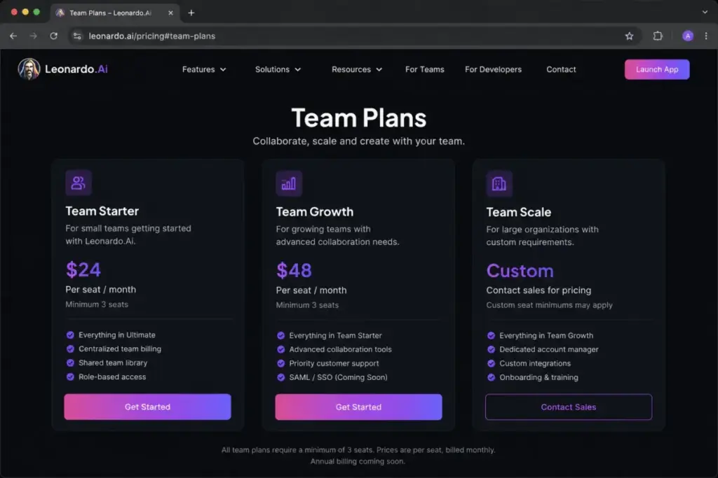Leonardo AI Team pricing showing Starter at $24 and Growth at $48 per seat with a three-seat minimum