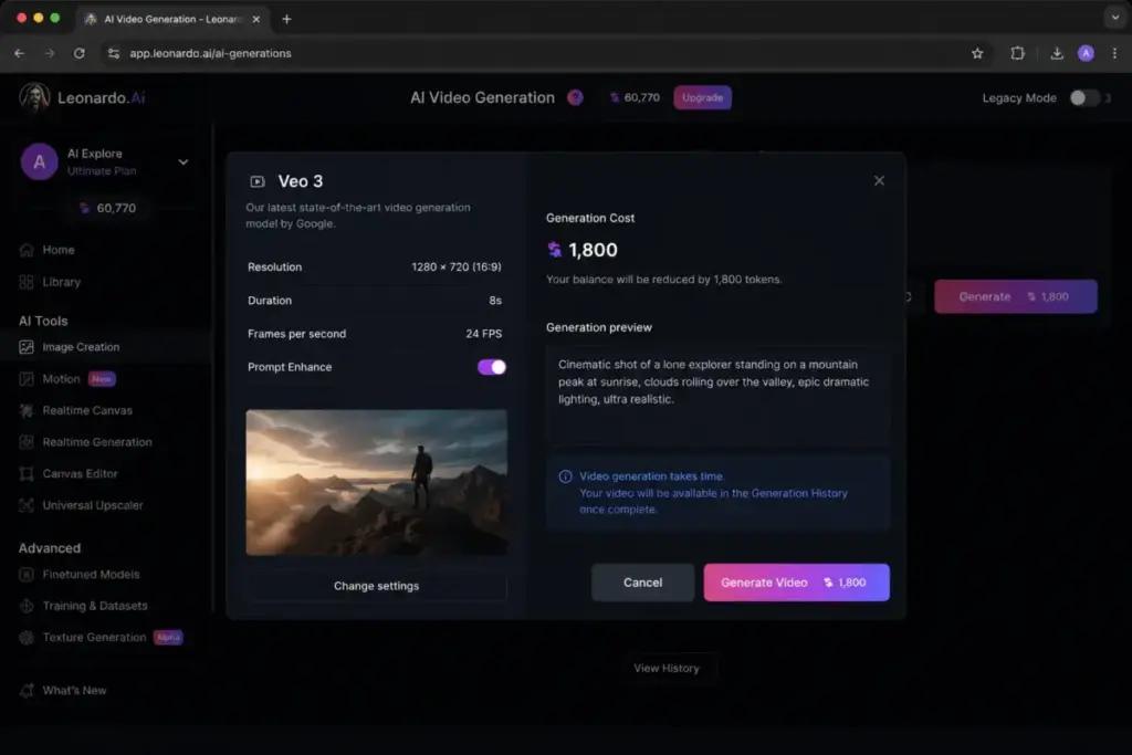 Leonardo AI Veo 3 generation screen showing a token cost preview on the Ultimate plan