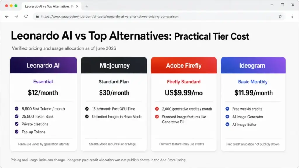 Leonardo AI pricing comparison with Midjourney, Adobe Firefly, and Ideogram showing monthly costs and usage limits