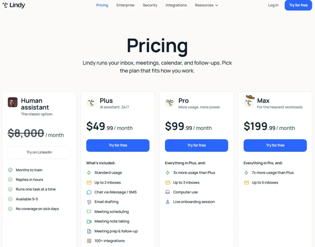 Lindy pricing page showing Human Assistant, Plus, Pro, and Max plans with monthly pricing