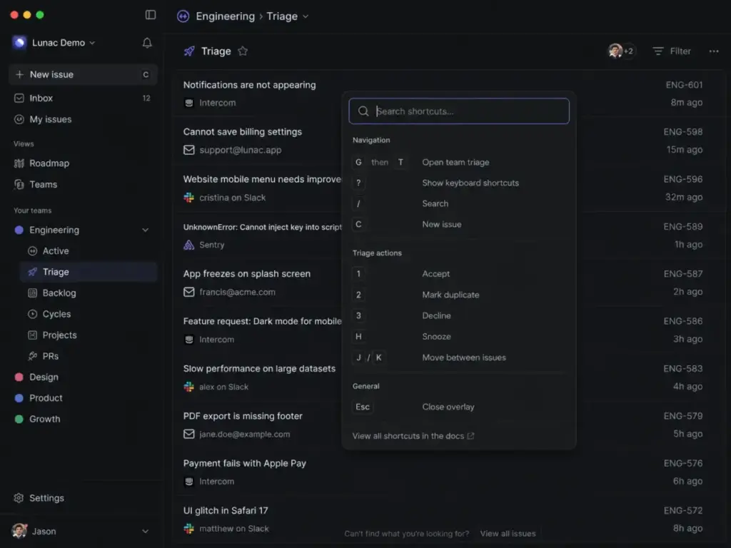Linear workspace screenshot mockup showing the triage queue with a keyboard shortcuts overlay