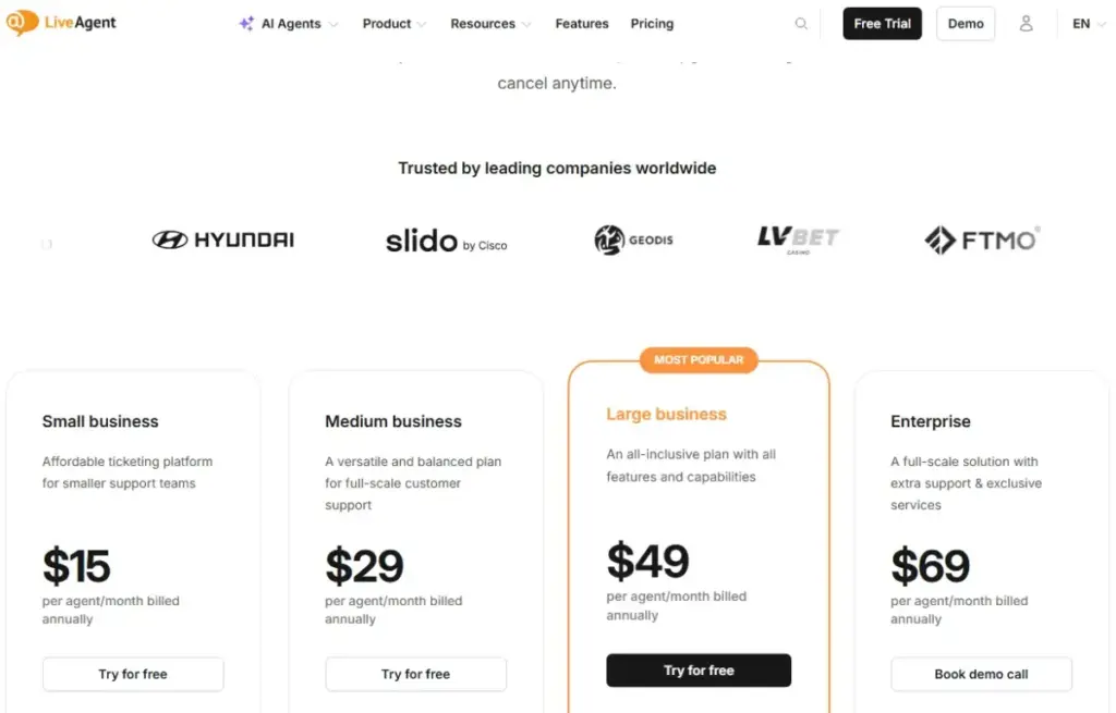 LiveAgent pricing page showing Small business, Medium business, Large business, and Enterprise annual plans