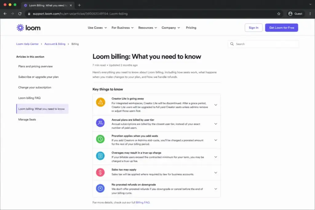 Loom billing checklist showing Creator Lite conversion, annual user-tier billing, proration, true-up charges, sales tax, and downgrade refund notes