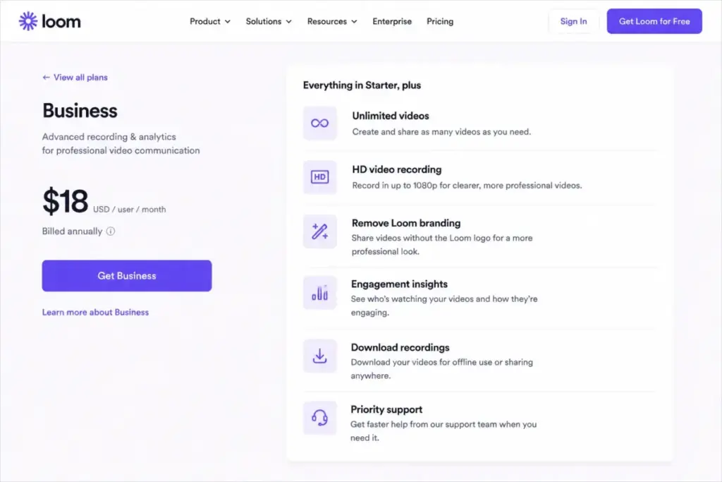 Loom Business plan feature panel showing unlimited videos, HD recording, Loom branding removal, engagement insights, downloads, and priority support