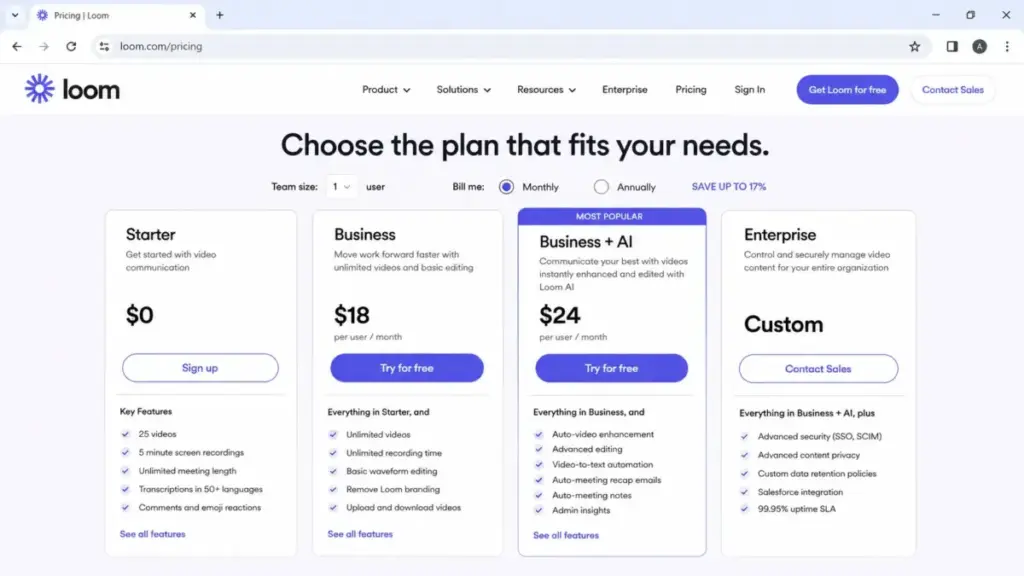 Loom pricing page showing Starter, Business, Business + AI, and Enterprise plans side by side