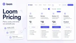 Loom pricing featured image showing plan cards for Starter, Business, Business + AI, and Enterprise