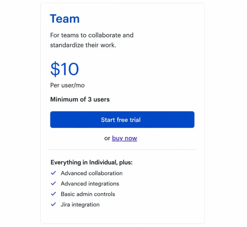 Lucidchart Team plan pricing card showing $10 per user per month and 3-user minimum