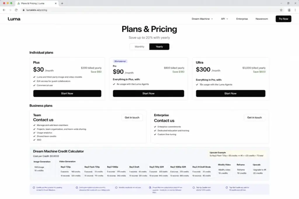 Luma Dream Machine pricing page mockup showing Plus, Pro, Ultra, Team, Enterprise plans and per-generation credit costs