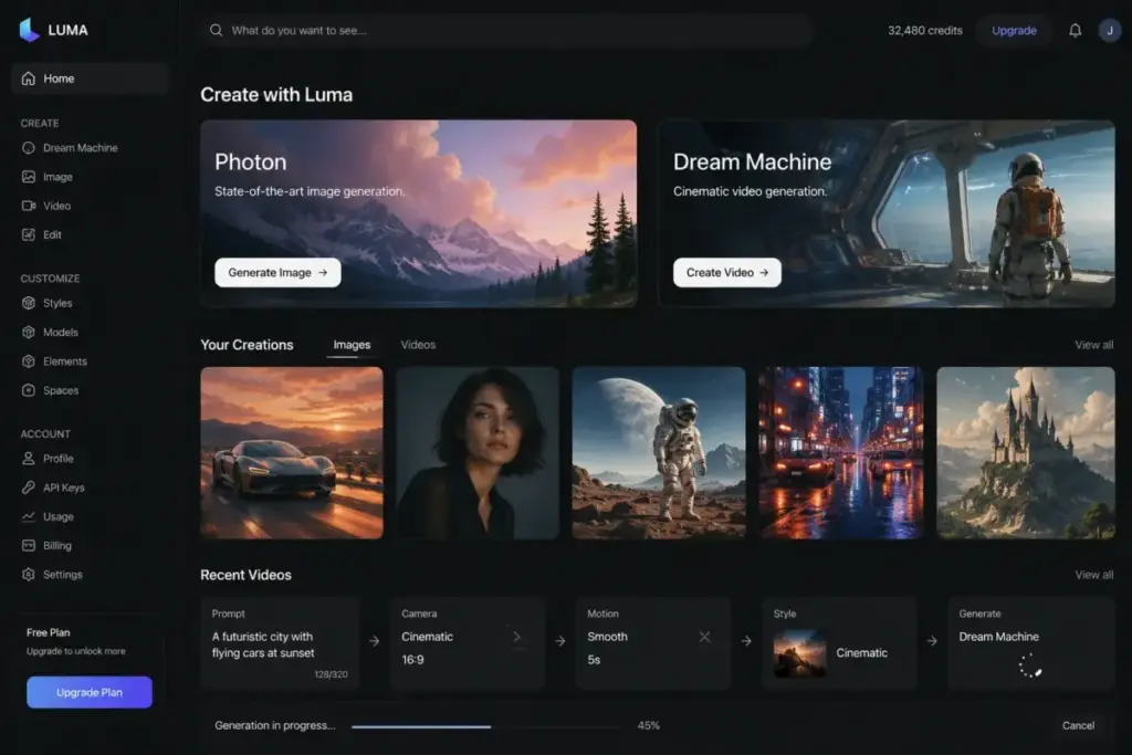 Luma Photon and Dream Machine dashboard showing image generation and video creation workflow