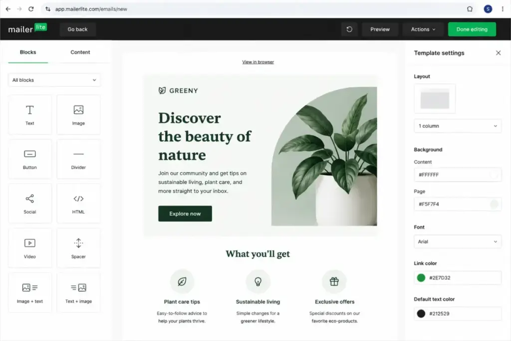 MailerLite drag-and-drop email builder showing block selection, newsletter canvas, and template settings panel.