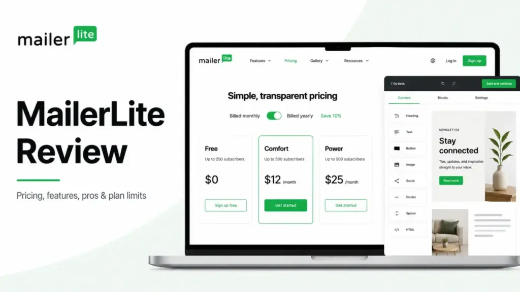 MailerLite Review featured image showing pricing plans and drag-and-drop email builder interface.