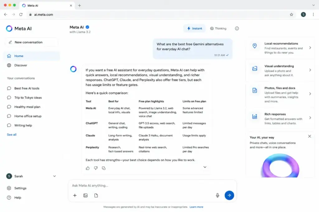 Meta AI chat interface showing a free AI assistant response comparing Gemini alternatives.