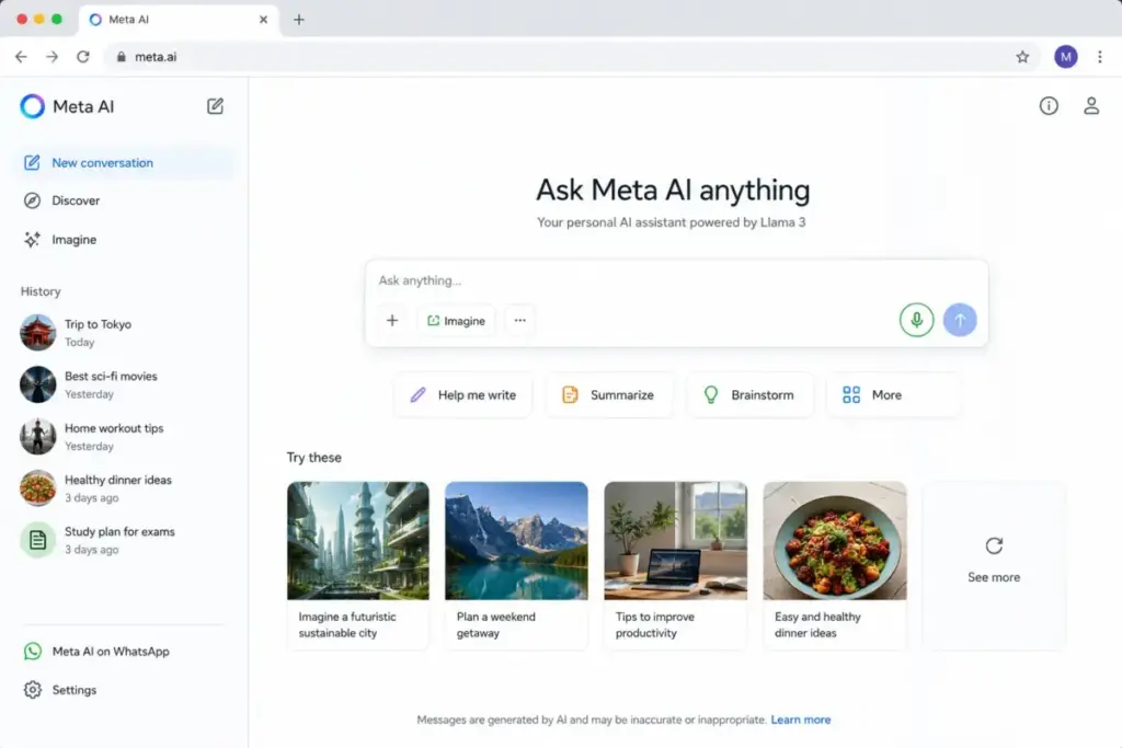 Meta AI chat interface mockup showing image generation and voice interaction features.