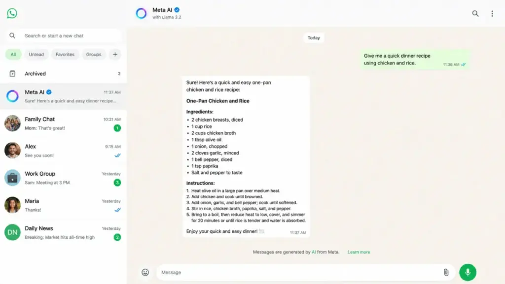 Meta AI chat inside WhatsApp showing a quick dinner recipe response in a desktop messaging interface.