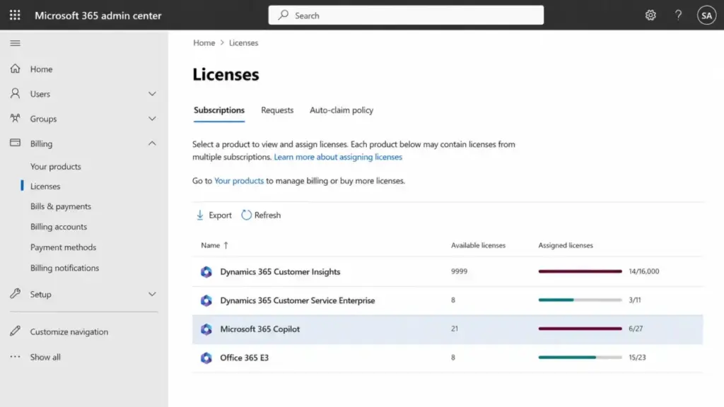 Microsoft 365 admin center Licenses page showing Microsoft 365 Copilot license assignment, available licenses, and assigned license usage.