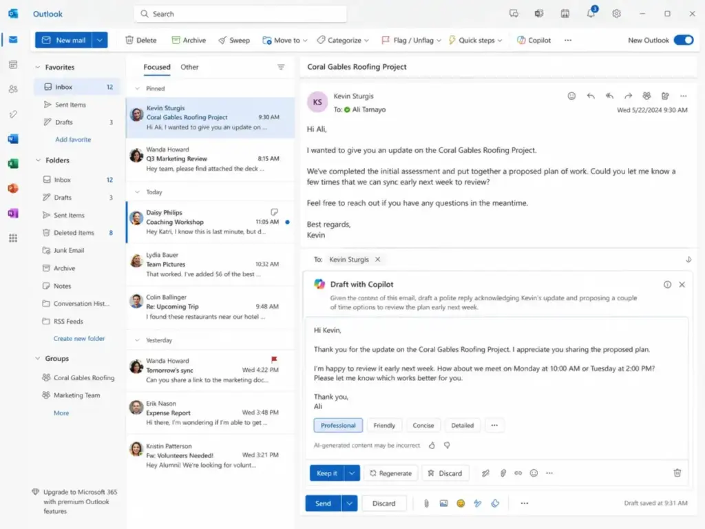 Microsoft 365 Copilot in Outlook drafting a professional email reply using context from an existing message thread.