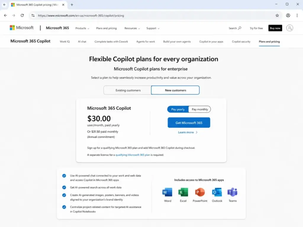 Microsoft 365 Copilot pricing page showing $30 per user per month paid yearly and $31.50 paid monthly with annual commitment.