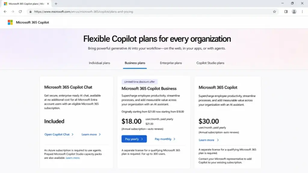 Microsoft 365 Copilot pricing tiers showing Copilot Chat included, Copilot Business from $18 per user per month, and Microsoft 365 Copilot at $30 per user per month.
